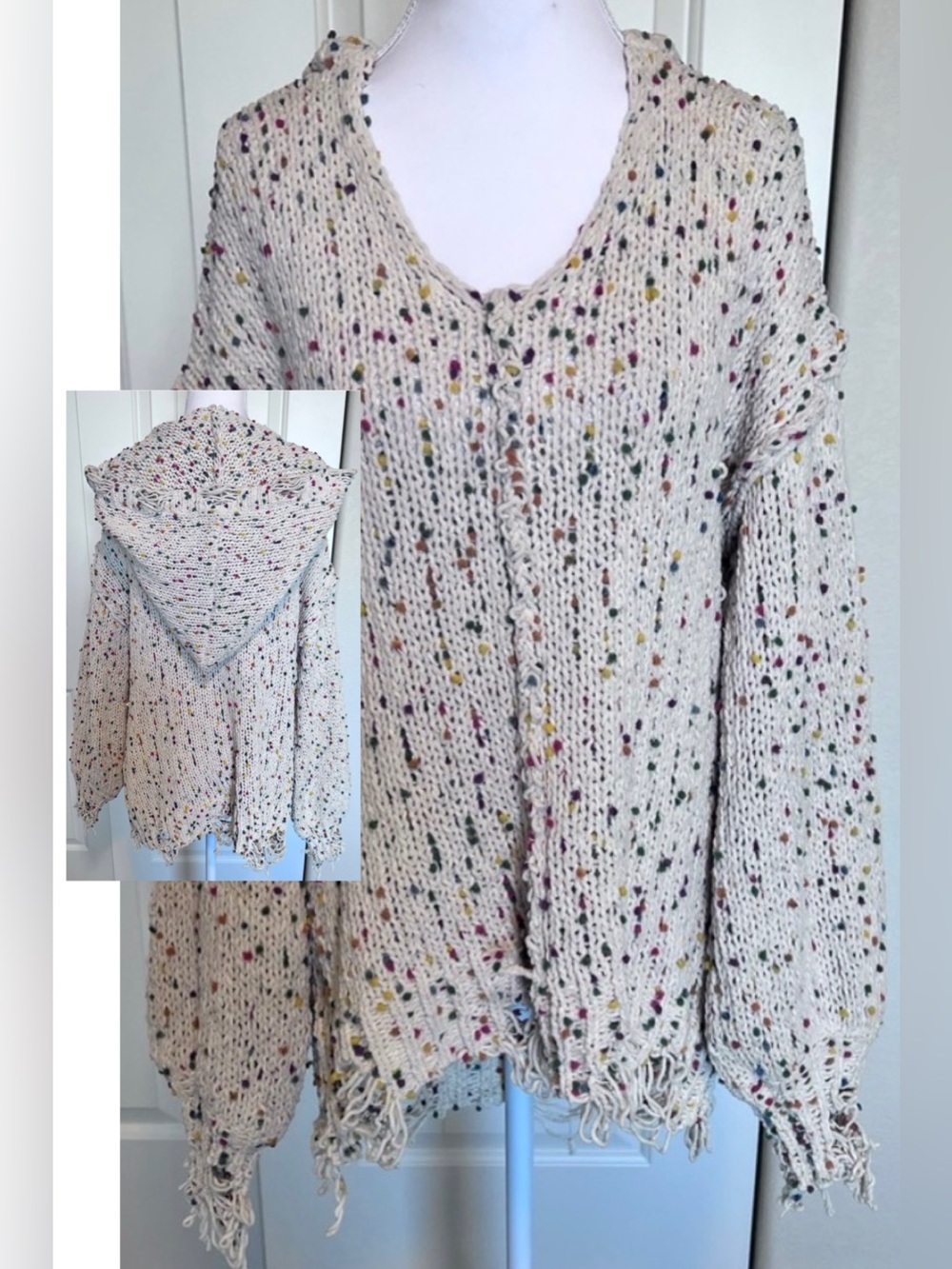 POL Confetti Cream Knit Hoodie Distressed Sweater Sz Small Oversized Coziness